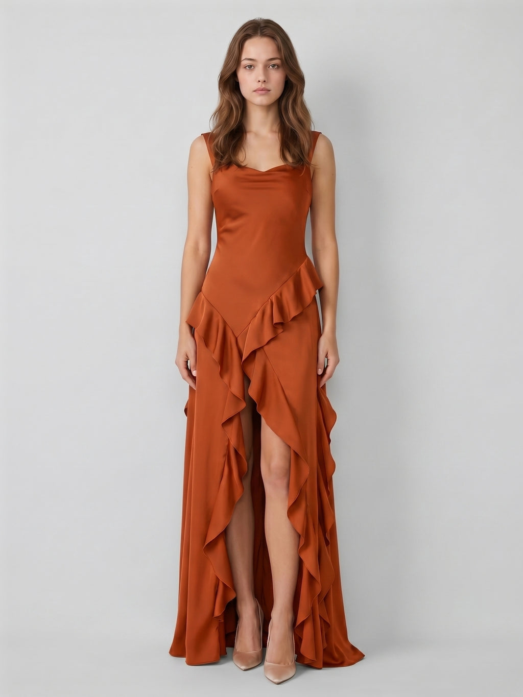 Cinnamon Satin A-Line Sweetheart Backless Floor-Length Bridesmaid Dress with Ruffles