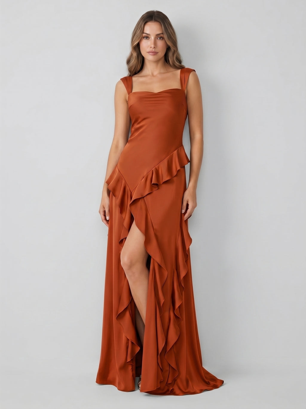 Cinnamon Satin A-Line Sweetheart Backless Floor-Length Bridesmaid Dress with Ruffles