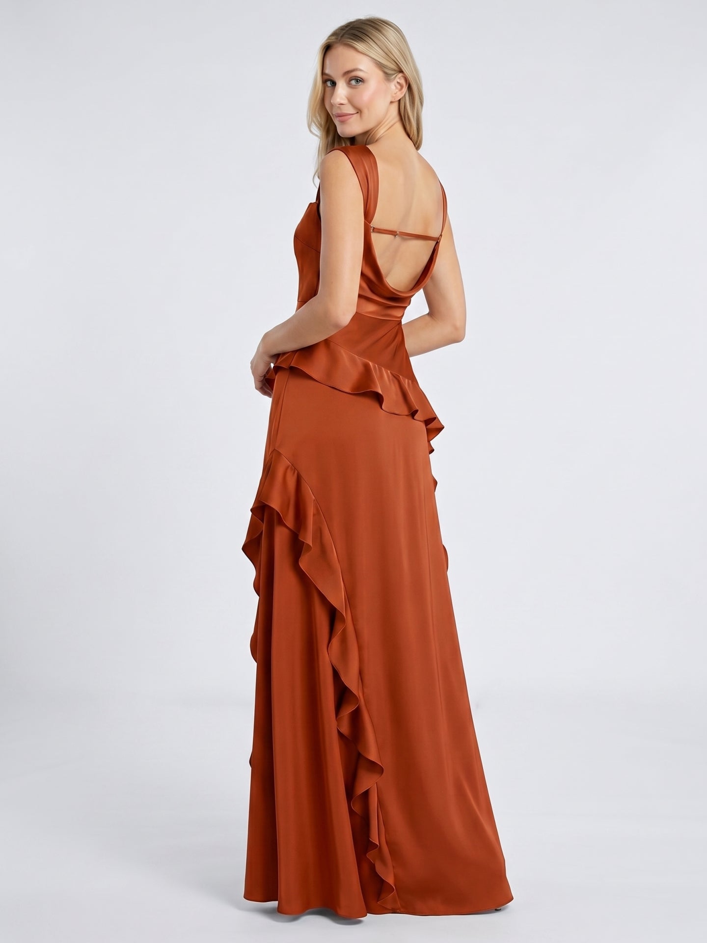 Cinnamon Satin A-Line Sweetheart Backless Floor-Length Bridesmaid Dress with Ruffles
