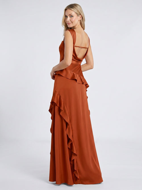 Cinnamon Satin A-Line Sweetheart Backless Floor-Length Bridesmaid Dress with Ruffles