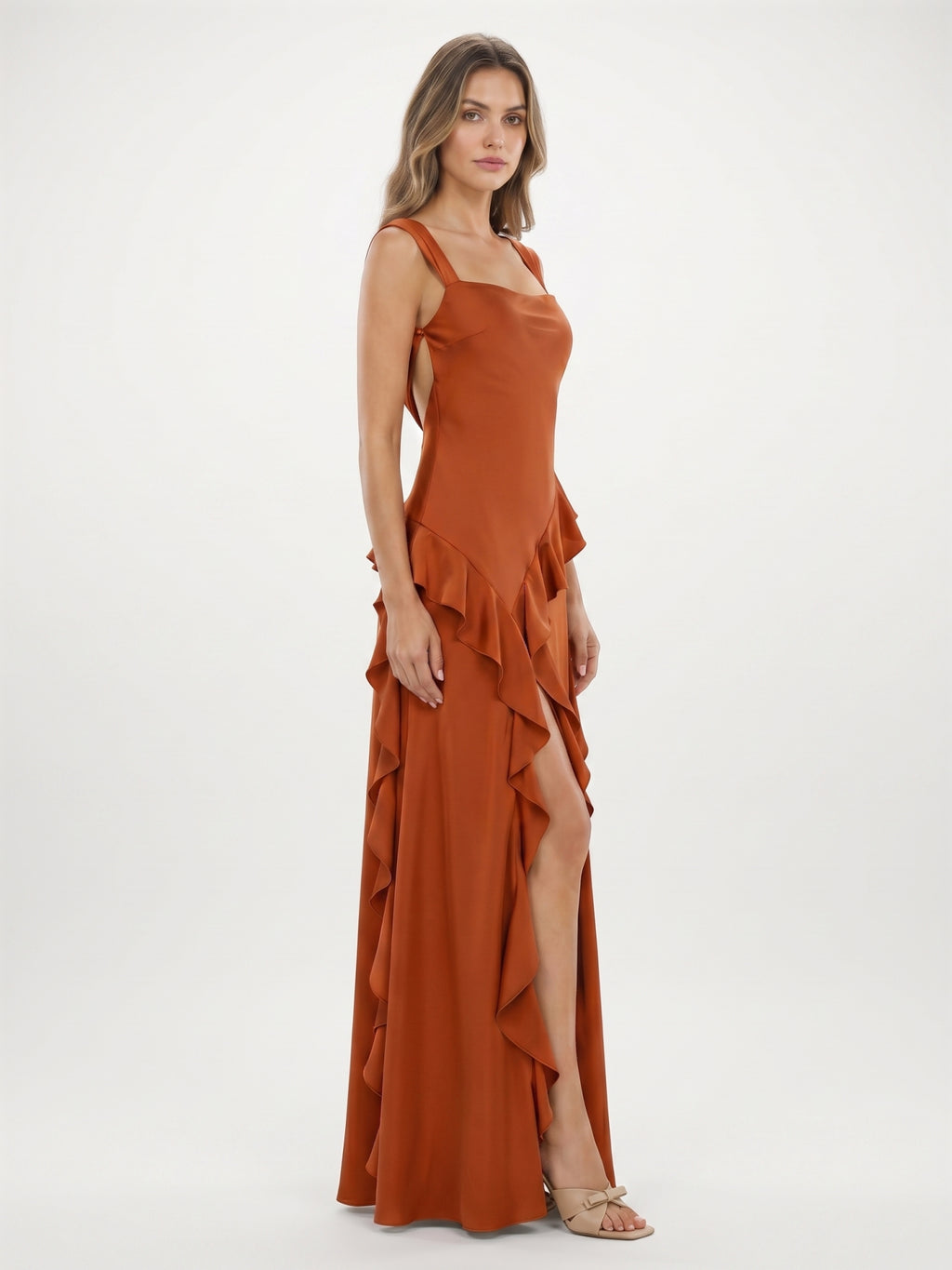 Cinnamon Satin A-Line Sweetheart Backless Floor-Length Bridesmaid Dress with Ruffles