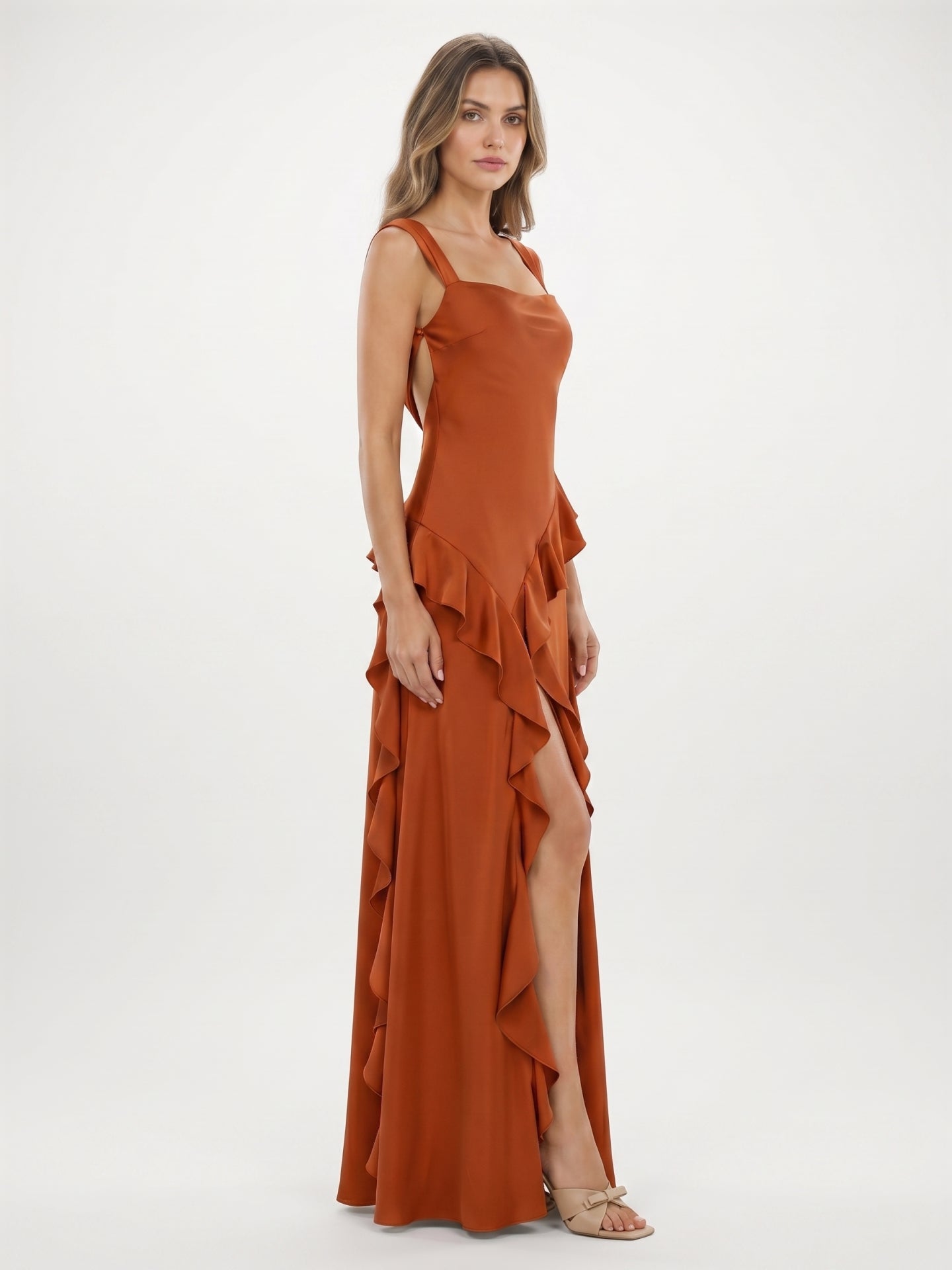 Cinnamon Satin A-Line Sweetheart Backless Floor-Length Bridesmaid Dress with Ruffles