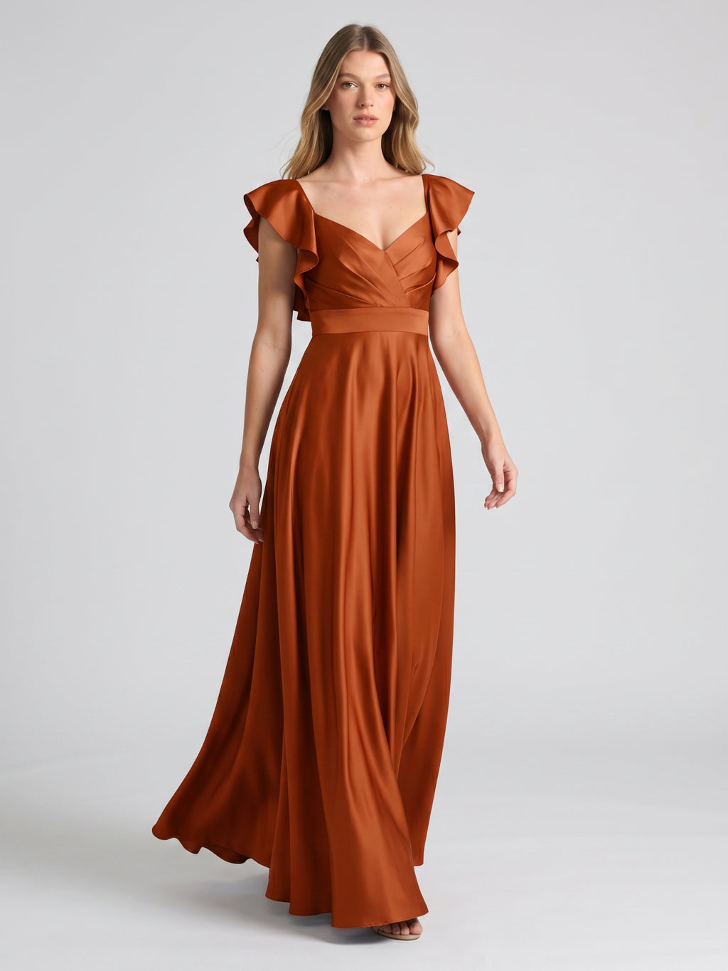 Cinnamon Satin A-Line V-Neck Back Zip Floor-Length Bridesmaid Dress with Ruffles