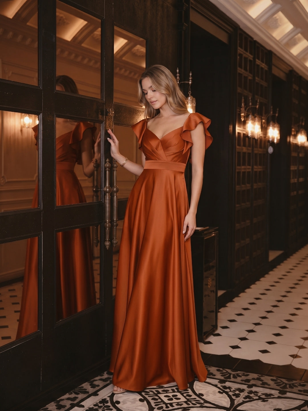 Cinnamon Satin A-Line V-Neck Back Zip Floor-Length Bridesmaid Dress with Ruffles