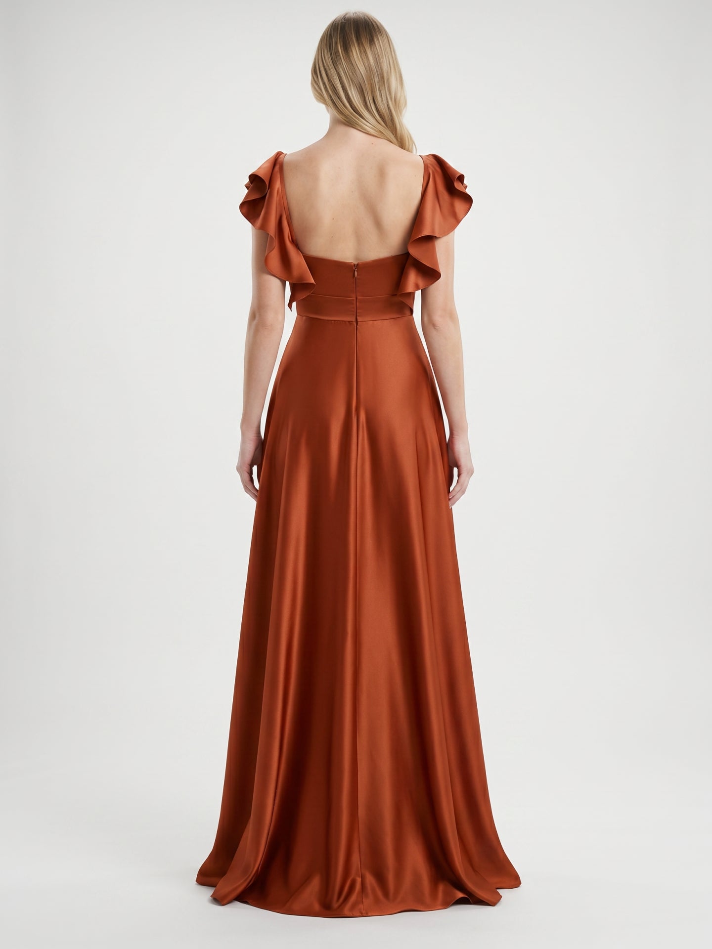 Cinnamon Satin A-Line V-Neck Back Zip Floor-Length Bridesmaid Dress with Ruffles