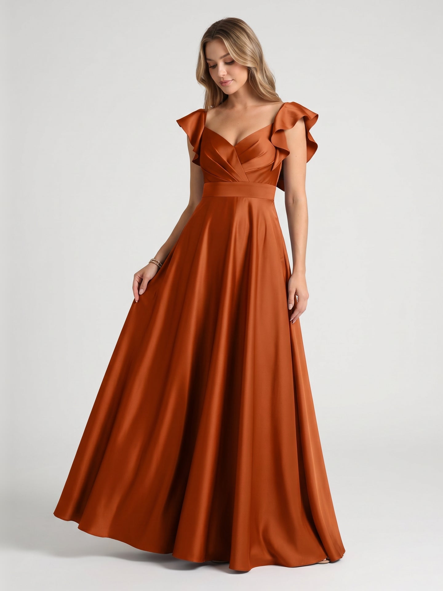 Cinnamon Satin A-Line V-Neck Back Zip Floor-Length Bridesmaid Dress with Ruffles