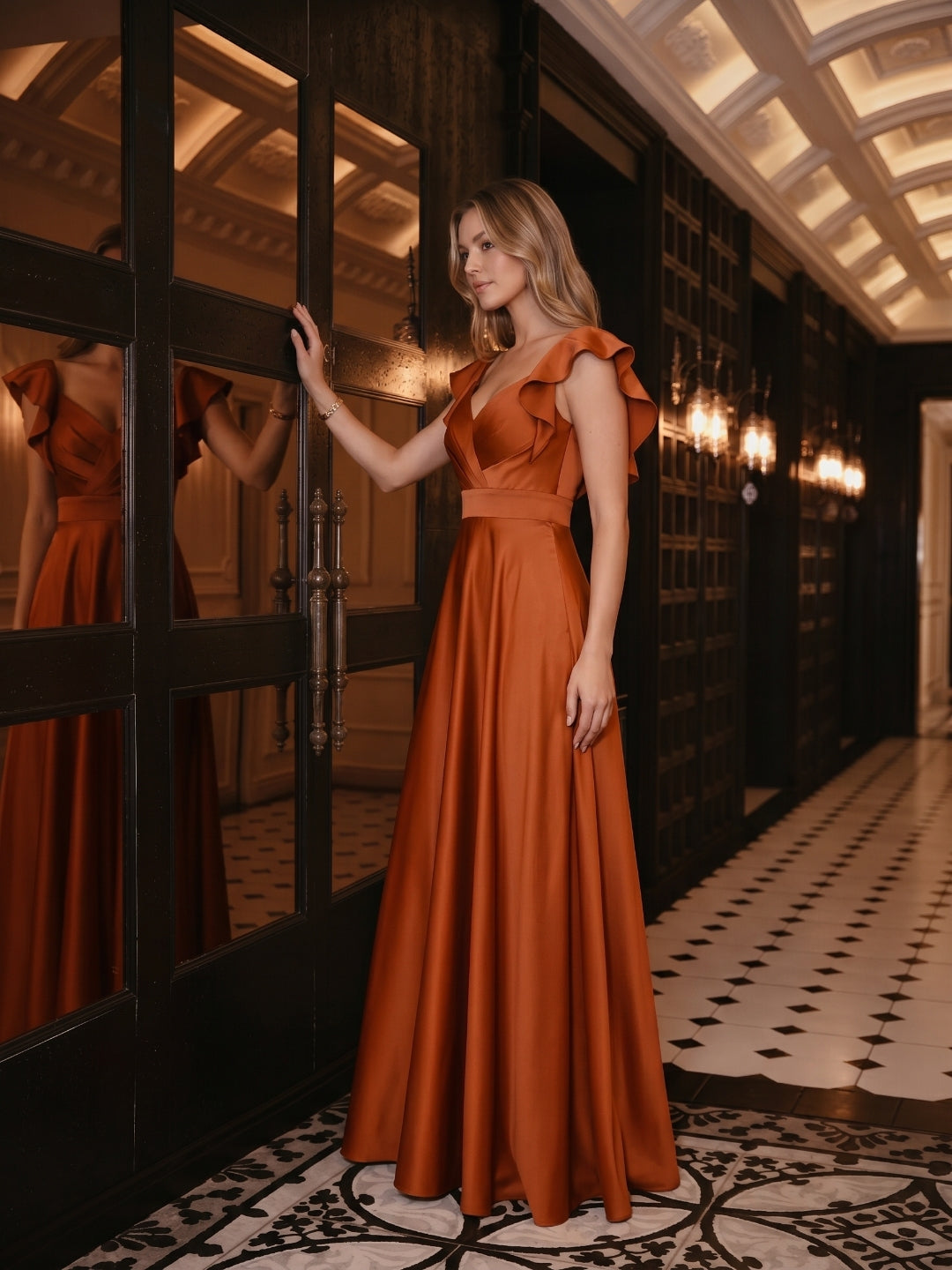 Cinnamon Satin A-Line V-Neck Back Zip Floor-Length Bridesmaid Dress with Ruffles