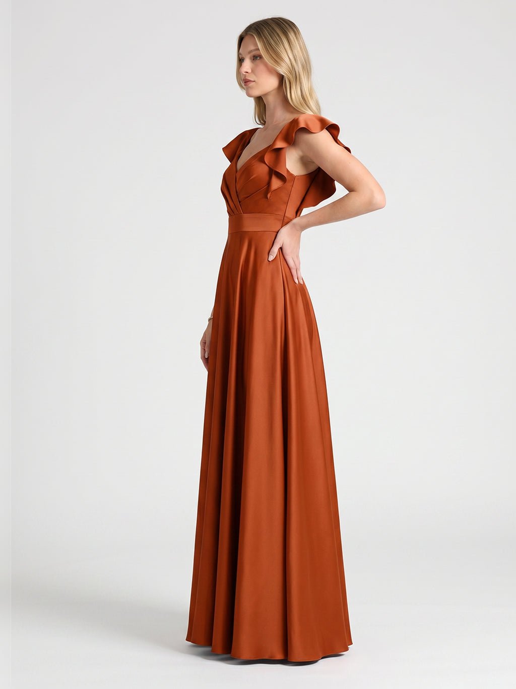 Cinnamon Satin A-Line V-Neck Back Zip Floor-Length Bridesmaid Dress with Ruffles