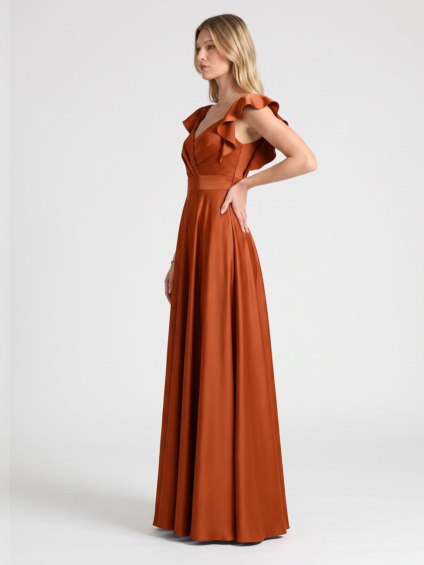 Cinnamon Satin A-Line V-Neck Back Zip Floor-Length Bridesmaid Dress with Ruffles
