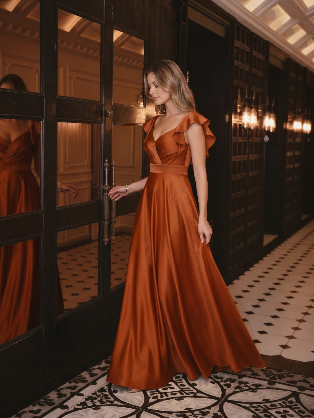 Cinnamon Satin A-Line V-Neck Back Zip Floor-Length Bridesmaid Dress with Ruffles