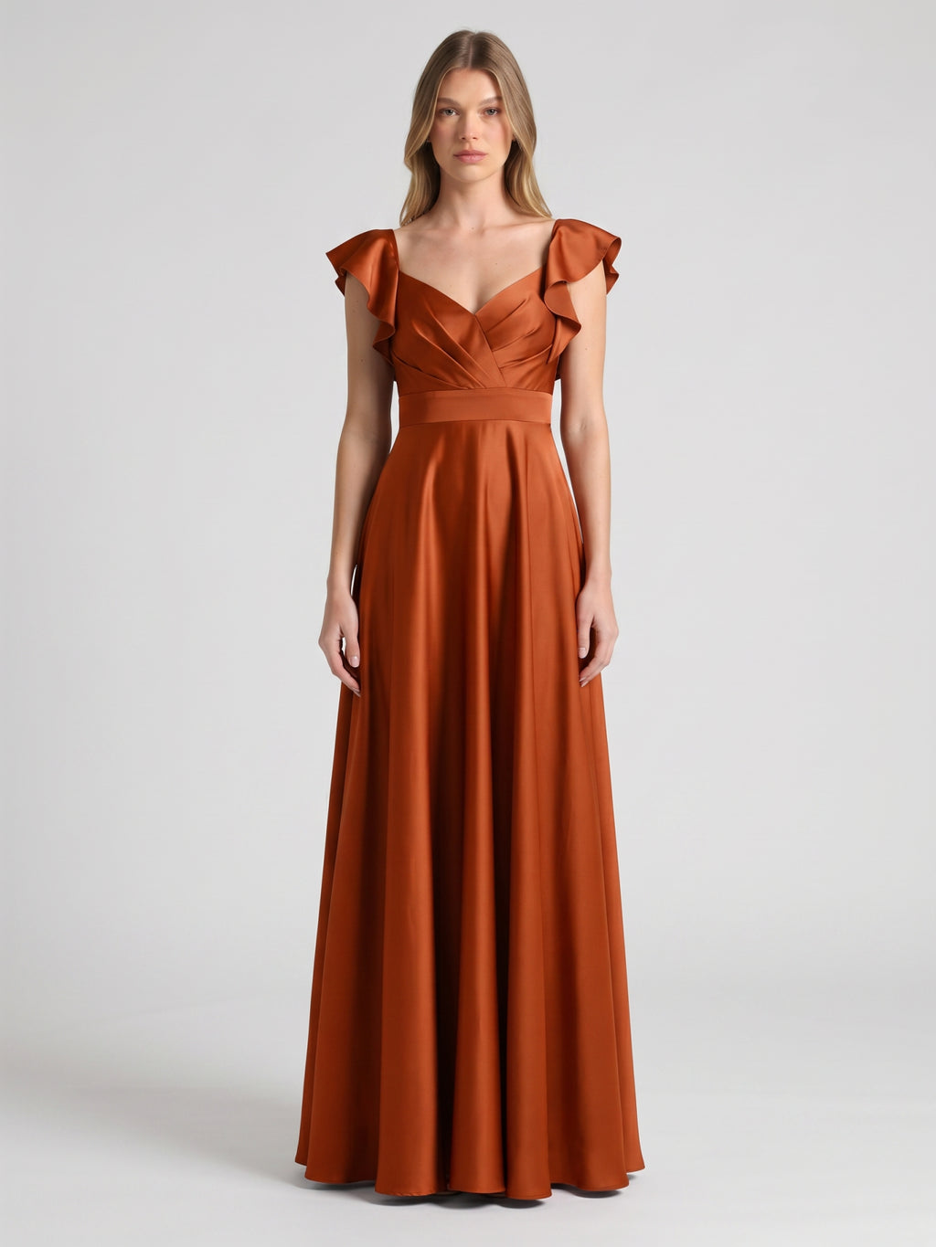 Cinnamon Satin A-Line V-Neck Back Zip Floor-Length Bridesmaid Dress with Ruffles