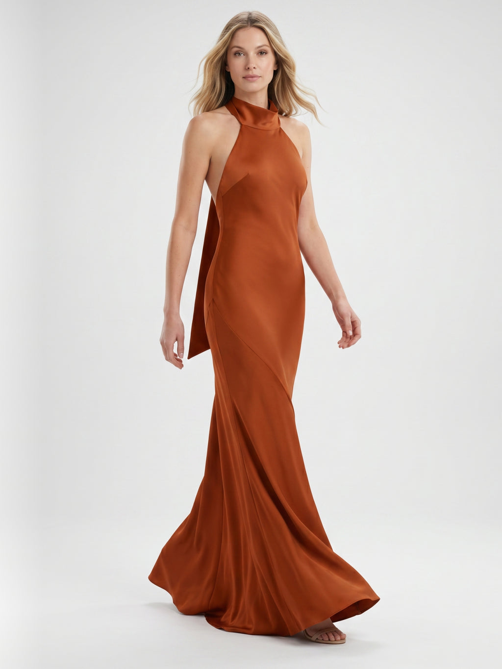Cinnamon Satin Mermaid Halter Backless Floor-Length Bridesmaid Dress with Bow