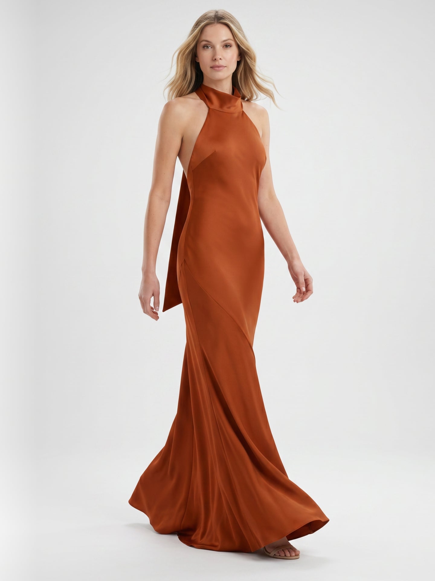 Cinnamon Satin Mermaid Halter Backless Floor-Length Bridesmaid Dress with Bow