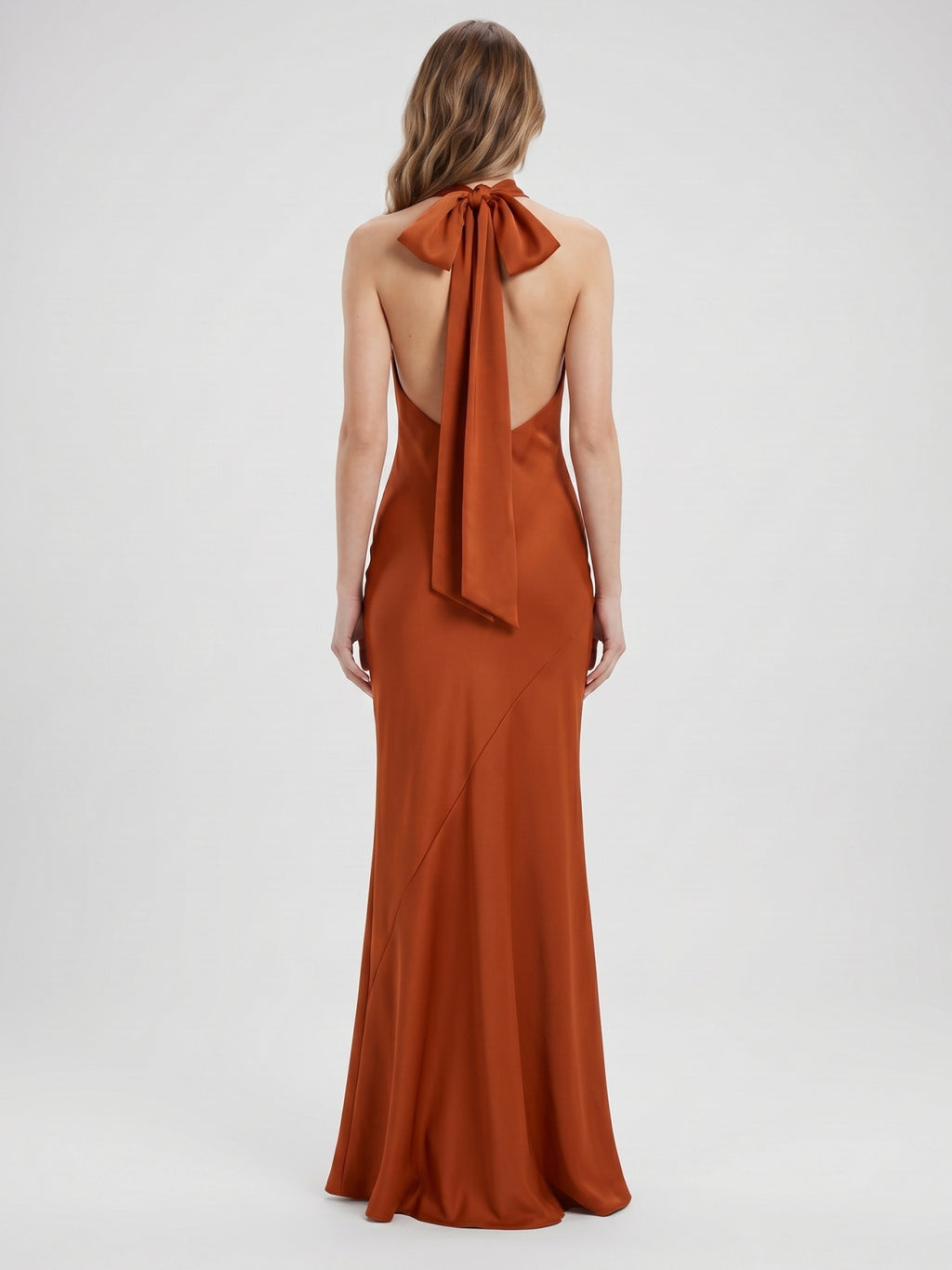 Cinnamon Satin Mermaid Halter Backless Floor-Length Bridesmaid Dress with Bow