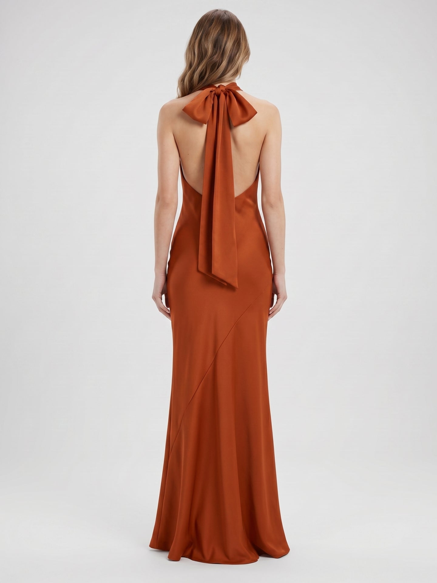 Cinnamon Satin Mermaid Halter Backless Floor-Length Bridesmaid Dress with Bow