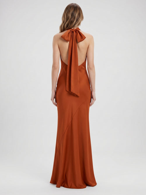 Cinnamon Satin Mermaid Halter Backless Floor-Length Bridesmaid Dress with Bow