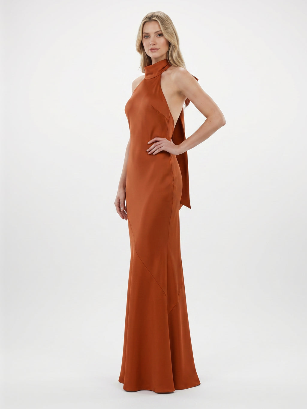 Cinnamon Satin Mermaid Halter Backless Floor-Length Bridesmaid Dress with Bow