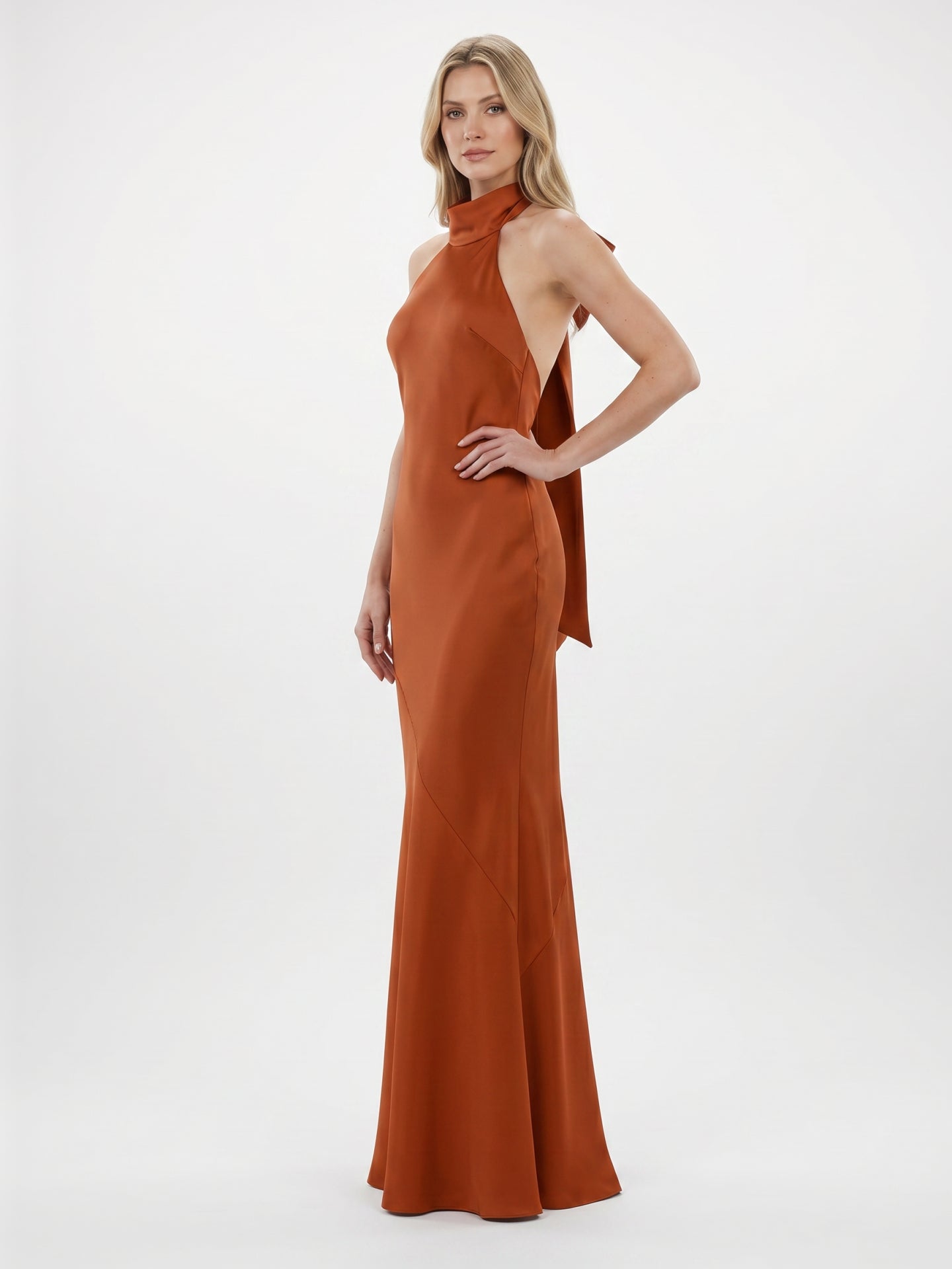 Cinnamon Satin Mermaid Halter Backless Floor-Length Bridesmaid Dress with Bow