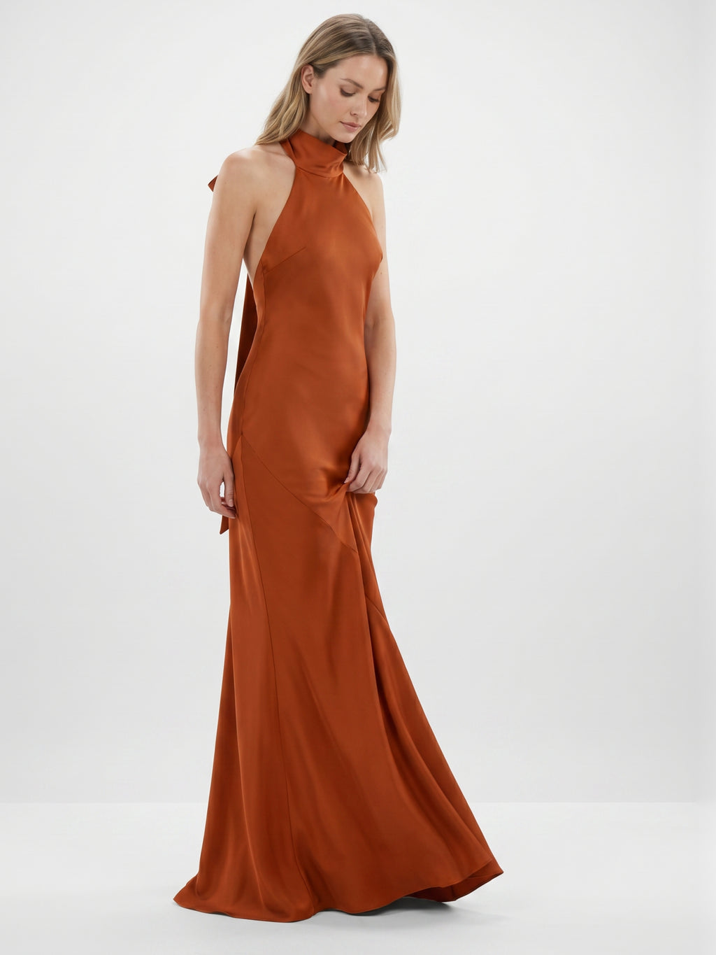 Cinnamon Satin Mermaid Halter Backless Floor-Length Bridesmaid Dress with Bow
