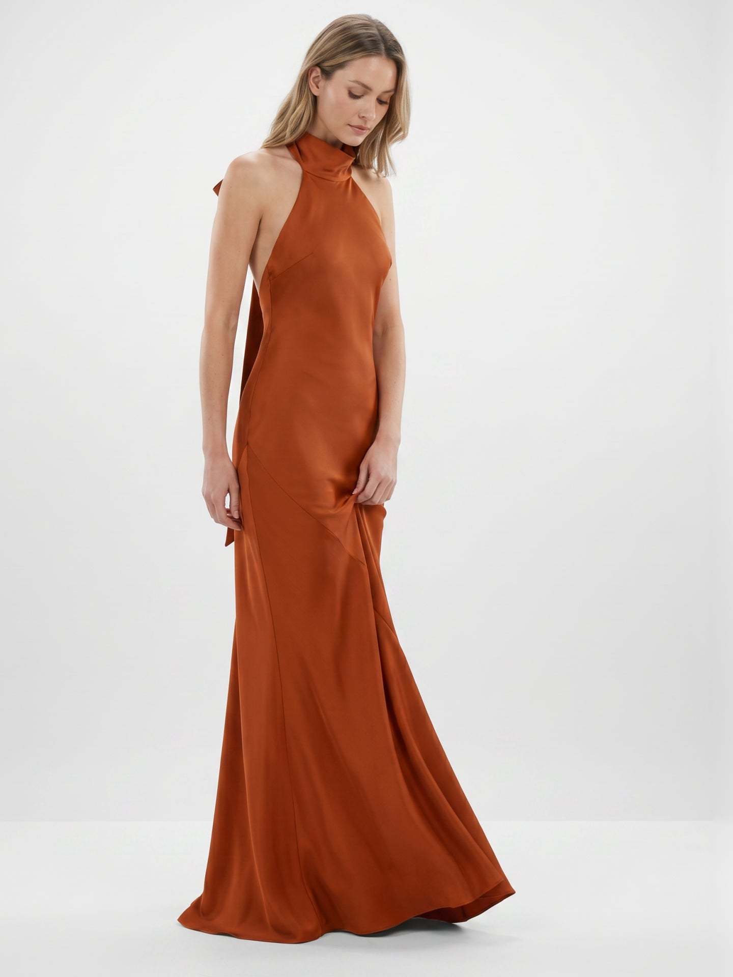 Cinnamon Satin Mermaid Halter Backless Floor-Length Bridesmaid Dress with Bow