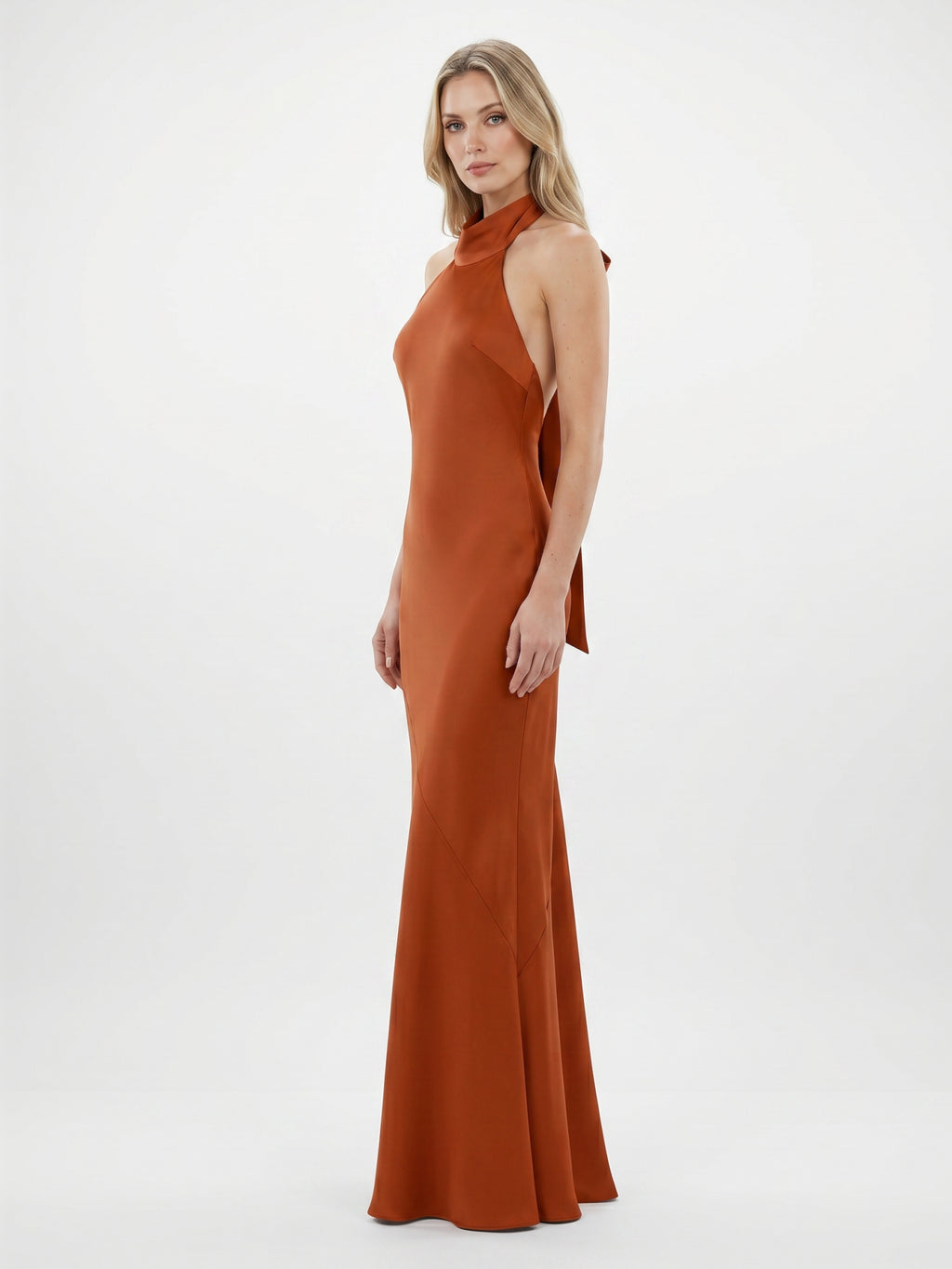 Cinnamon Satin Mermaid Halter Backless Floor-Length Bridesmaid Dress with Bow