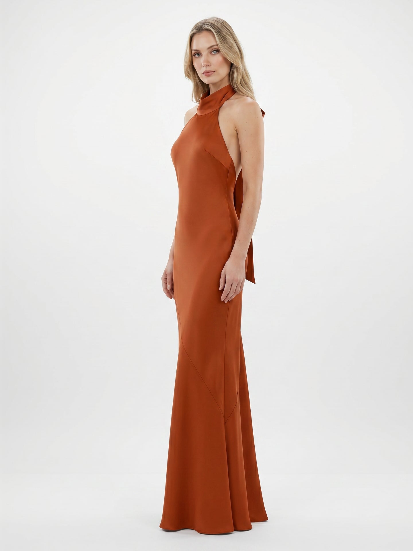 Cinnamon Satin Mermaid Halter Backless Floor-Length Bridesmaid Dress with Bow