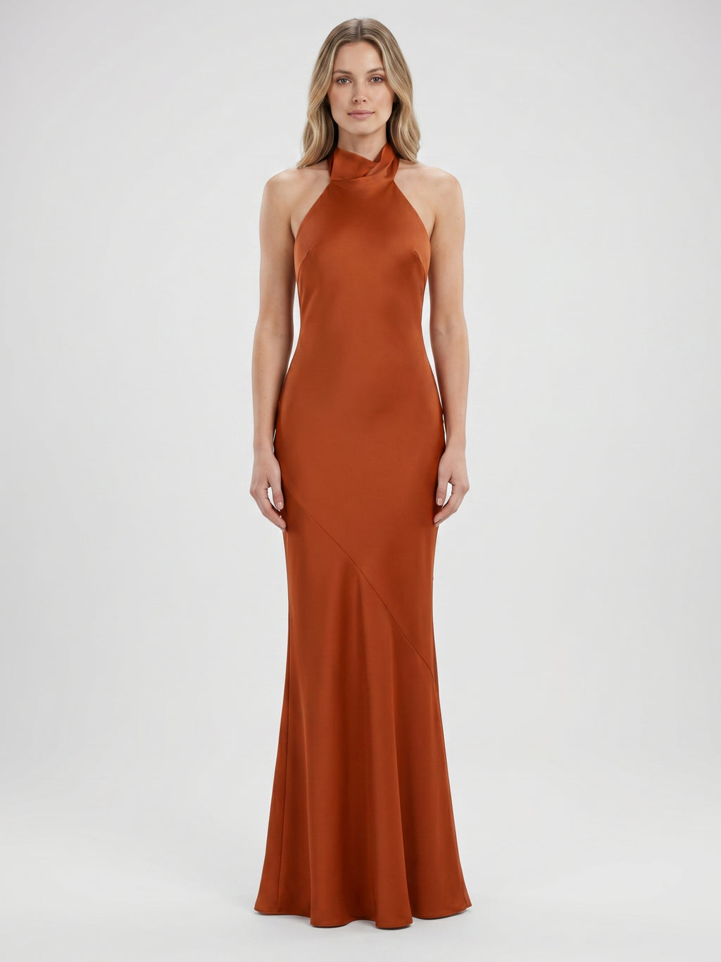 Cinnamon Satin Mermaid Halter Backless Floor-Length Bridesmaid Dress with Bow