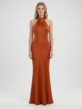 Cinnamon Satin Mermaid Halter Backless Floor-Length Bridesmaid Dress with Bow