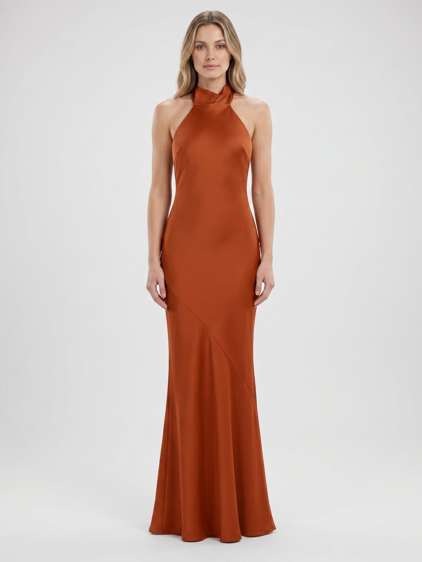 Cinnamon Satin Mermaid Halter Backless Floor-Length Bridesmaid Dress with Bow