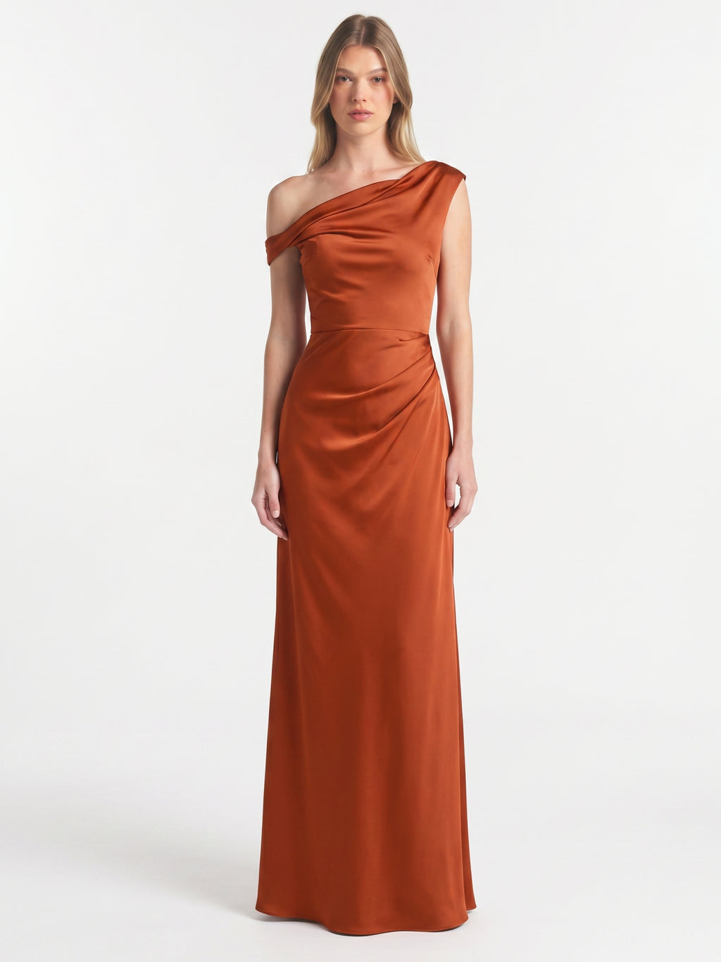 Cinnamon Satin Mermaid One Shoulder Side Zip Floor-Length Bridesmaid Dress with Pleats