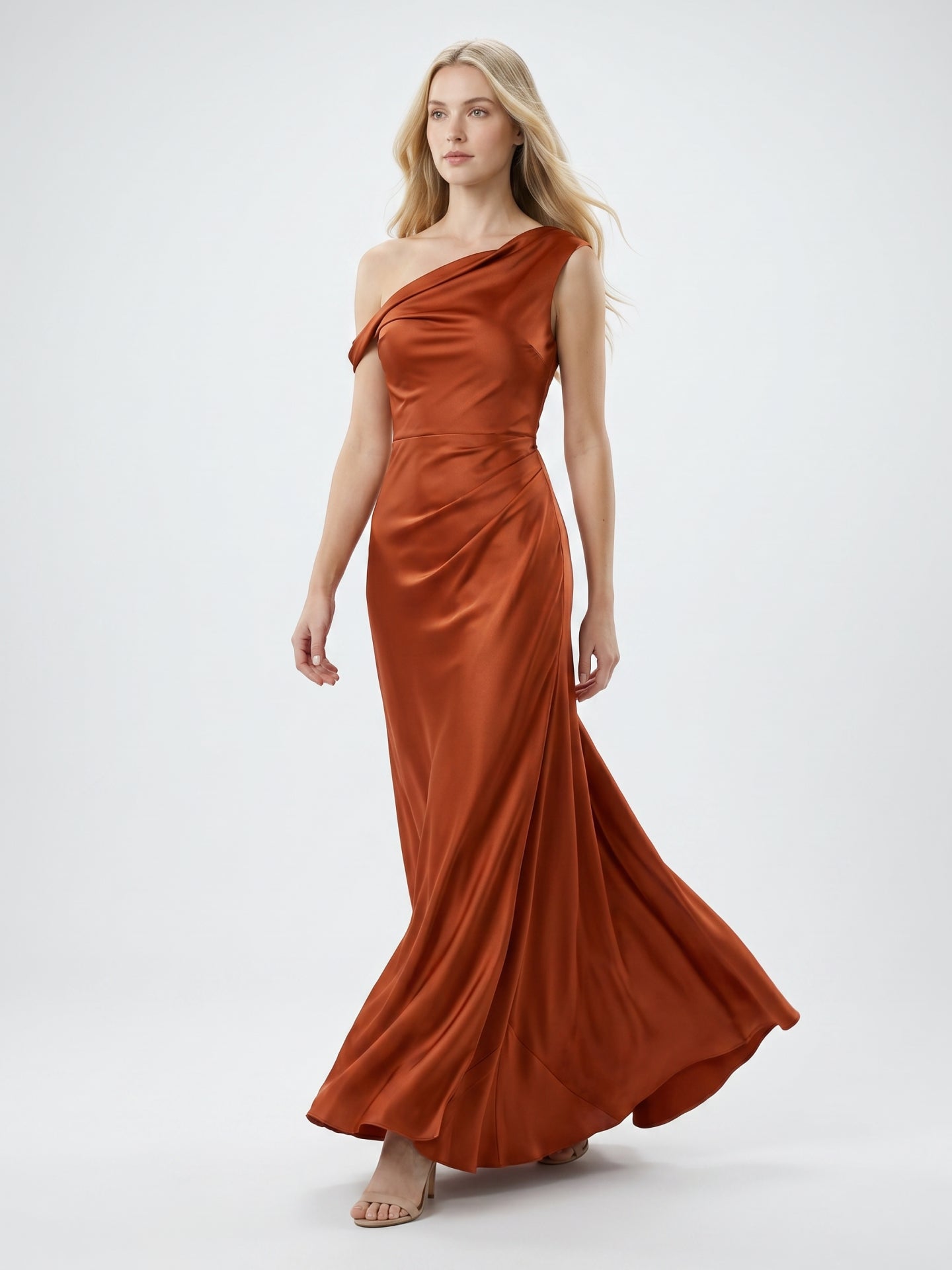 Cinnamon Satin Mermaid One Shoulder Side Zip Floor-Length Bridesmaid Dress with Pleats