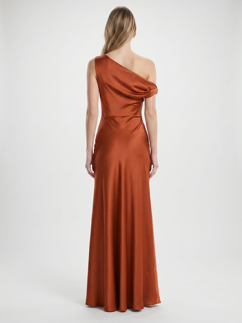 Cinnamon Satin Mermaid One Shoulder Side Zip Floor-Length Bridesmaid Dress with Pleats