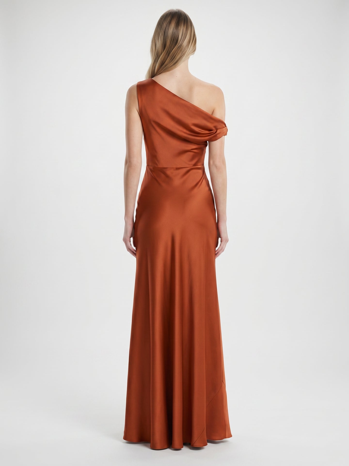 Cinnamon Satin Mermaid One Shoulder Side Zip Floor-Length Bridesmaid Dress with Pleats