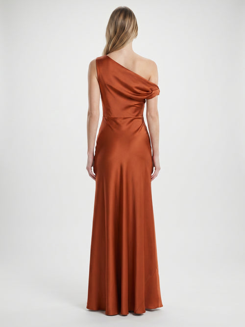 Cinnamon Satin Mermaid One Shoulder Side Zip Floor-Length Bridesmaid Dress with Pleats