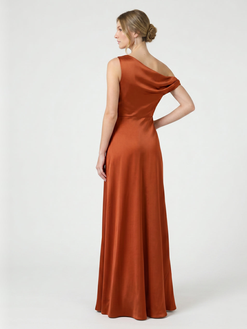 Cinnamon Satin Mermaid One Shoulder Side Zip Floor-Length Bridesmaid Dress with Pleats