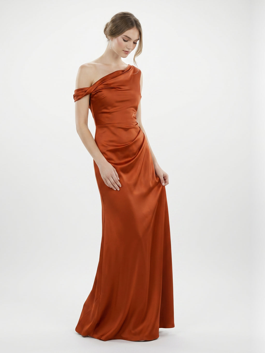 Cinnamon Satin Mermaid One Shoulder Side Zip Floor-Length Bridesmaid Dress with Pleats