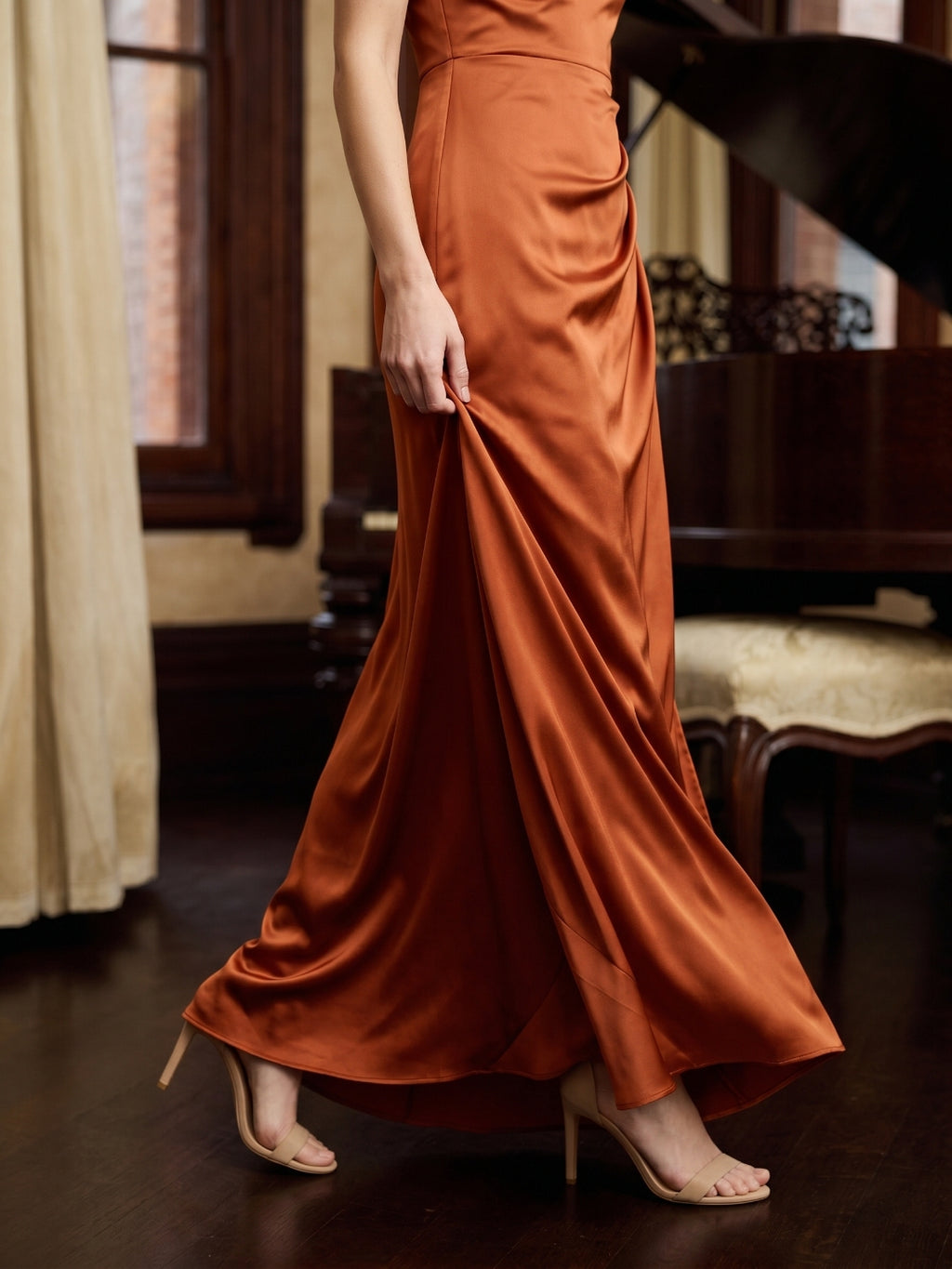 Cinnamon Satin Mermaid One Shoulder Side Zip Floor-Length Bridesmaid Dress with Pleats