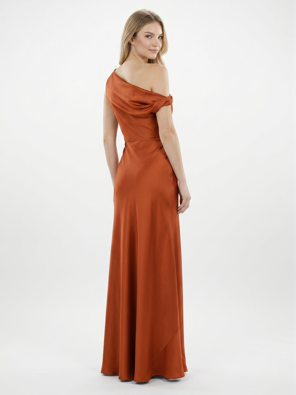 Cinnamon Satin Mermaid One Shoulder Side Zip Floor-Length Bridesmaid Dress with Pleats