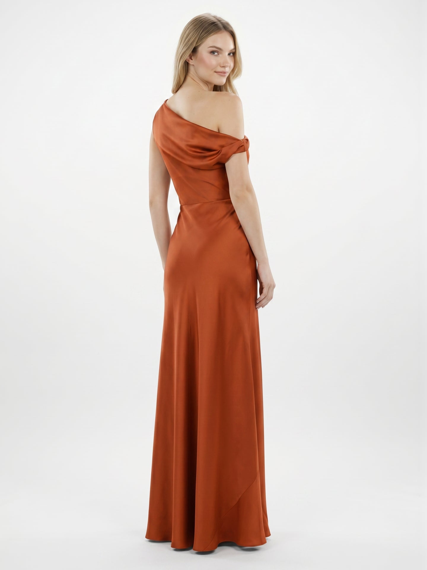 Cinnamon Satin Mermaid One Shoulder Side Zip Floor-Length Bridesmaid Dress with Pleats