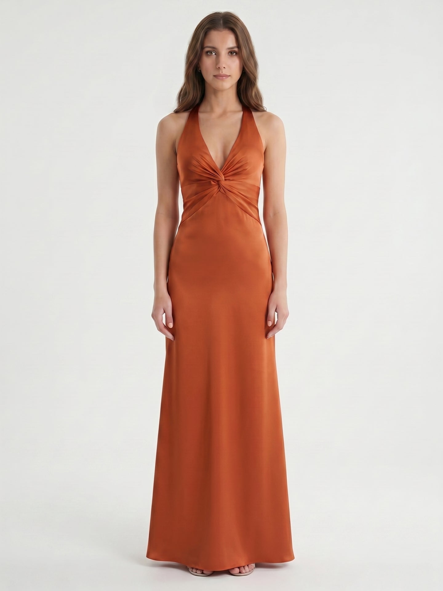 Cinnamon Satin Trumpet V-Neck Keyhole Back Ankle Bridesmaid Dress with Pleated Details