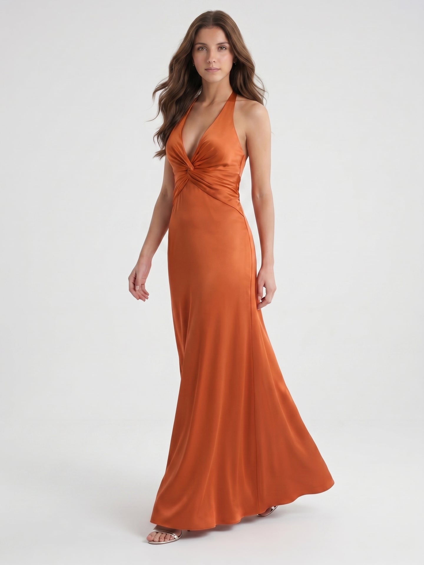 Cinnamon Satin Trumpet V-Neck Keyhole Back Ankle Bridesmaid Dress with Pleated Details