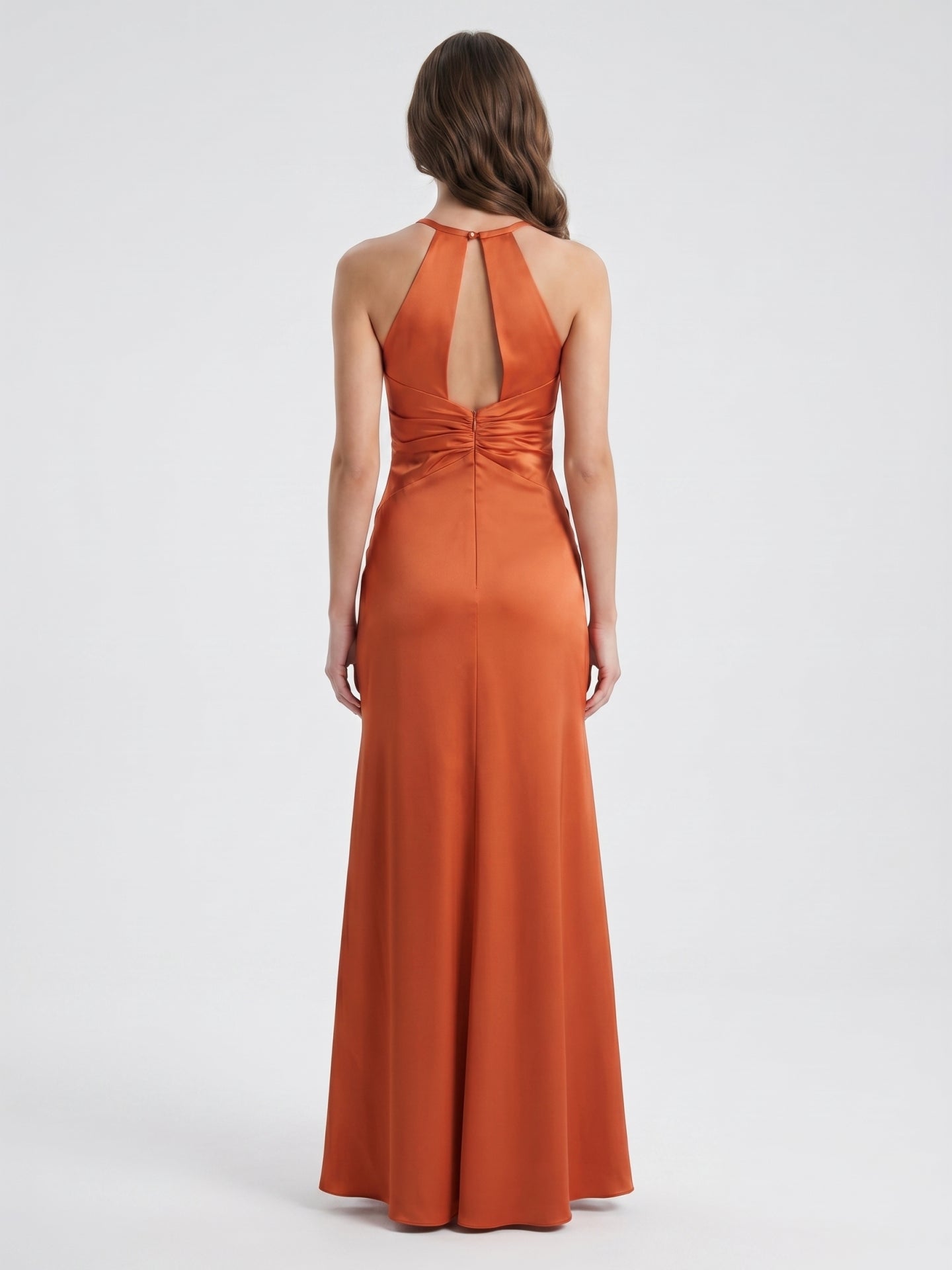Cinnamon Satin Trumpet V-Neck Keyhole Back Ankle Bridesmaid Dress with Pleated Details