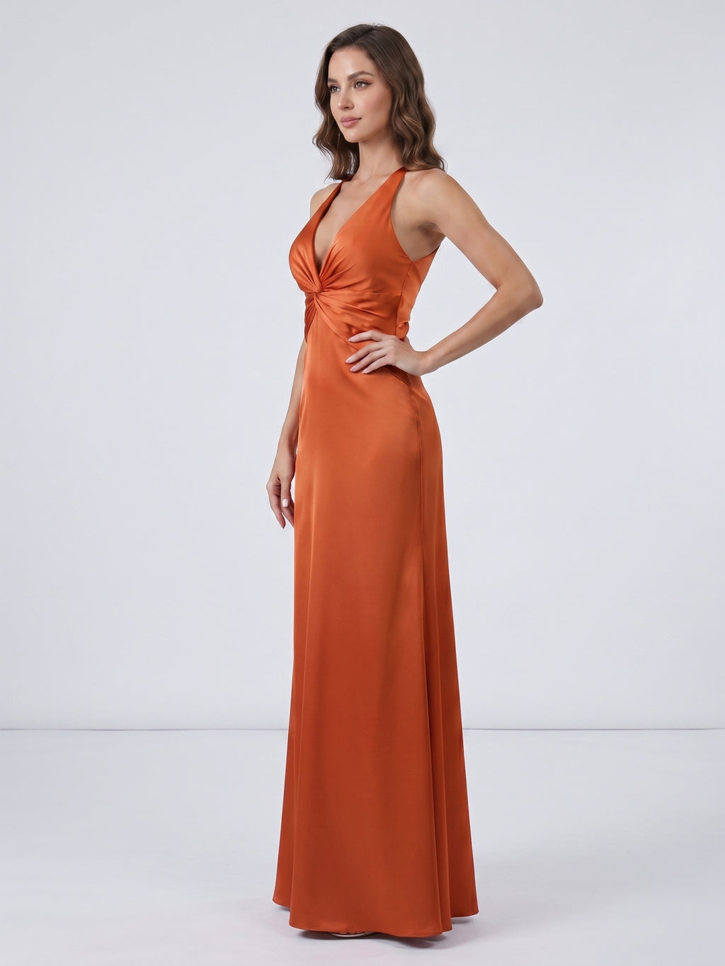 Cinnamon Satin Trumpet V-Neck Keyhole Back Ankle Bridesmaid Dress with Pleated Details