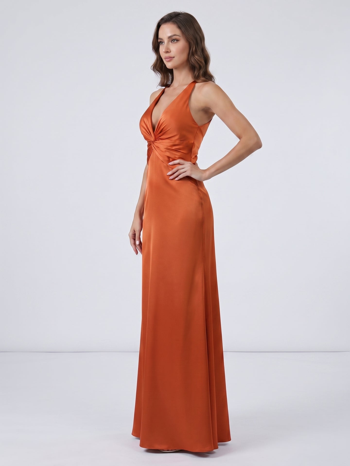Cinnamon Satin Trumpet V-Neck Keyhole Back Ankle Bridesmaid Dress with Pleated Details