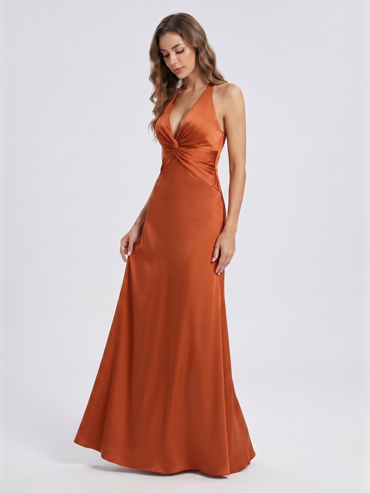 Cinnamon Satin Trumpet V-Neck Keyhole Back Ankle Bridesmaid Dress with Pleated Details