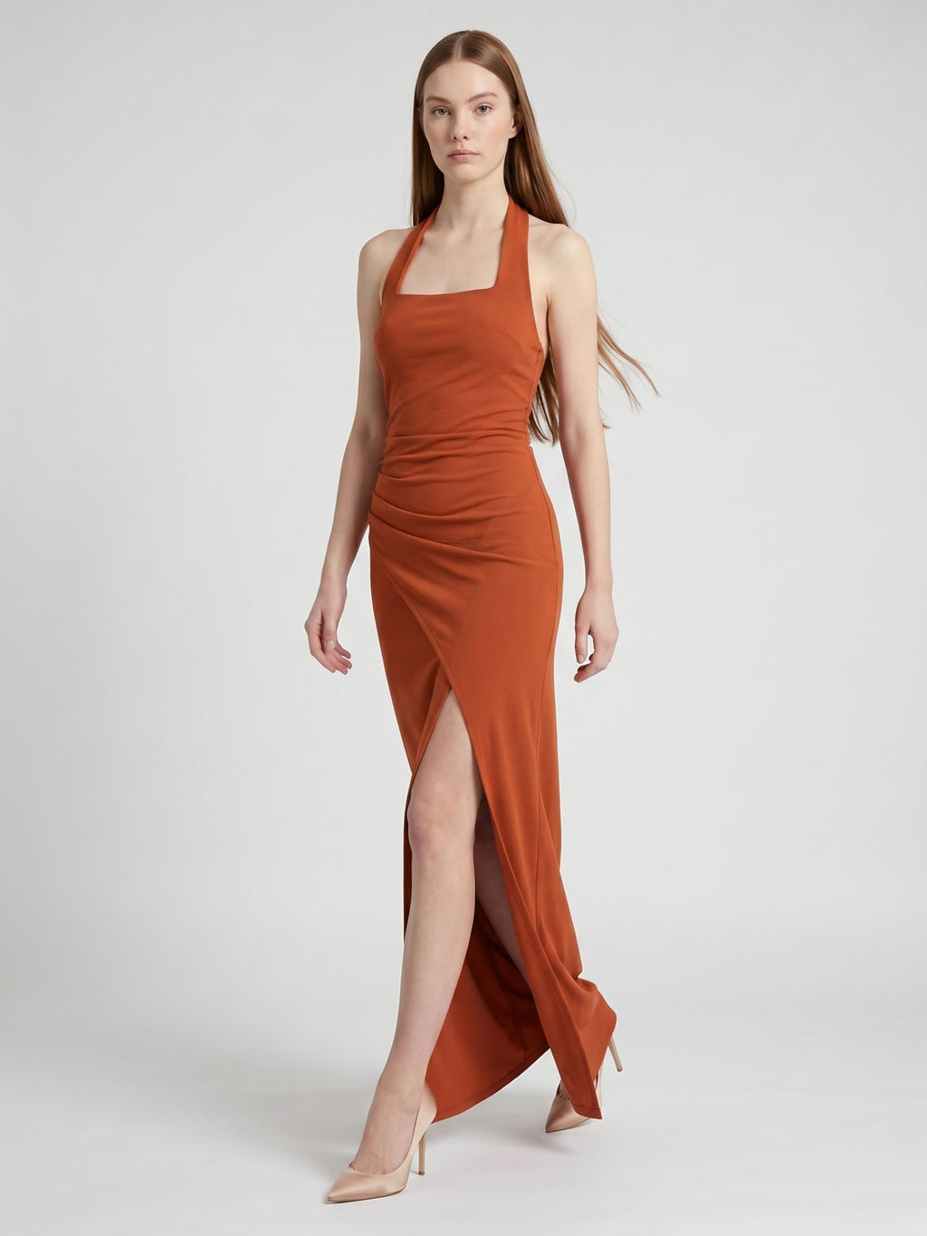 Cinnamon Stretch Knit Column Halter Backless Ankle Bridesmaid Dress with Pleats