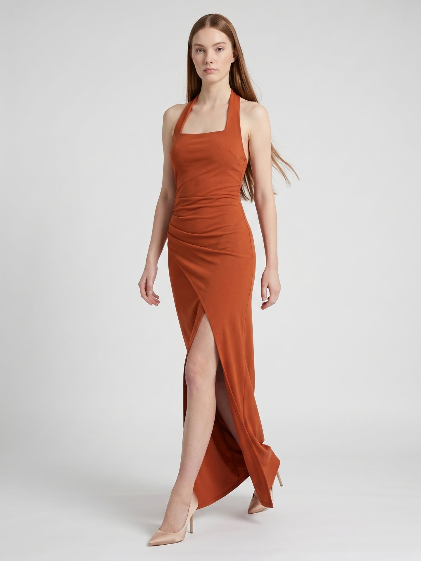 Cinnamon Stretch Knit Column Halter Backless Ankle Bridesmaid Dress with Pleats