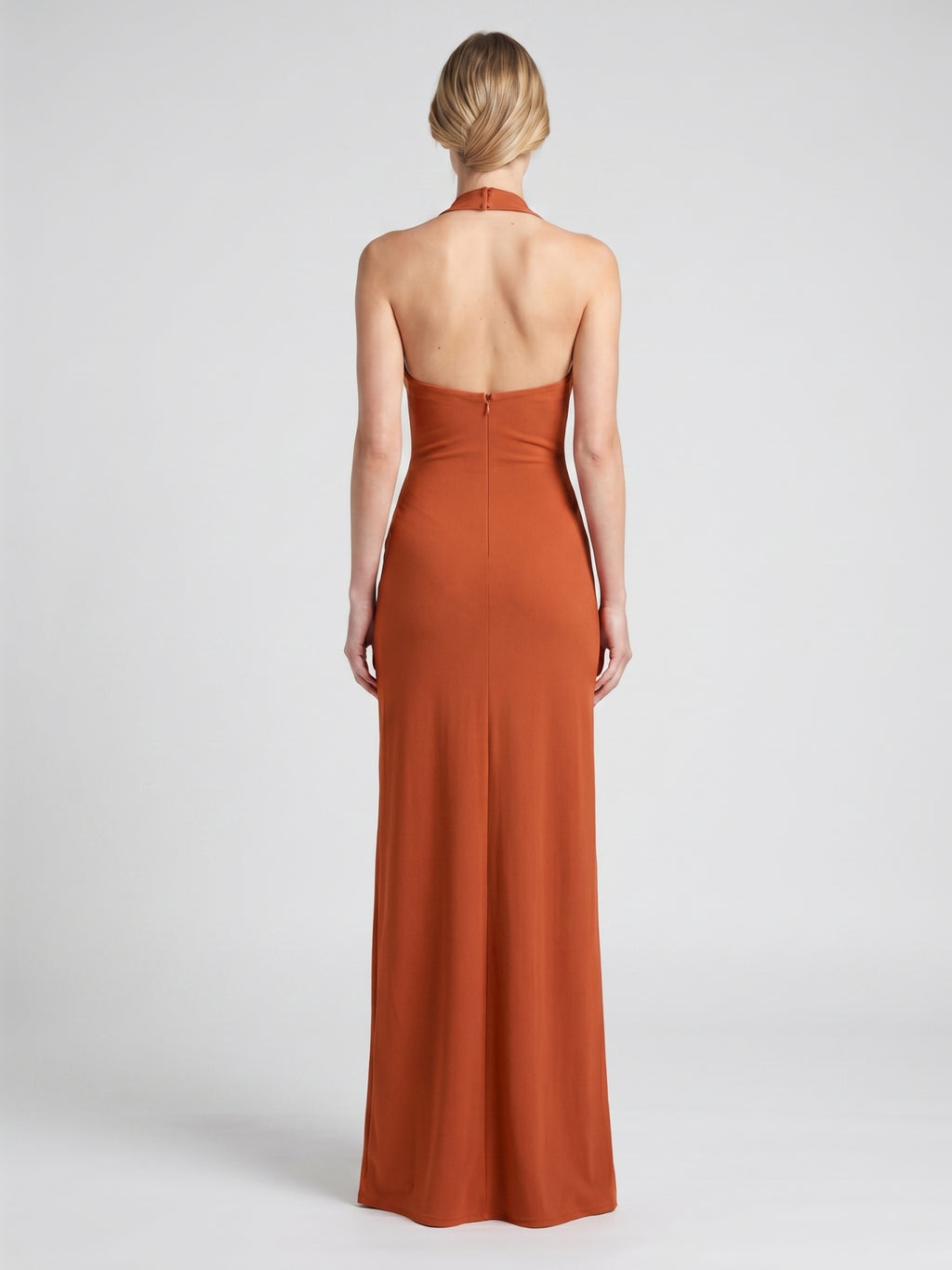Cinnamon Stretch Knit Column Halter Backless Ankle Bridesmaid Dress with Pleats