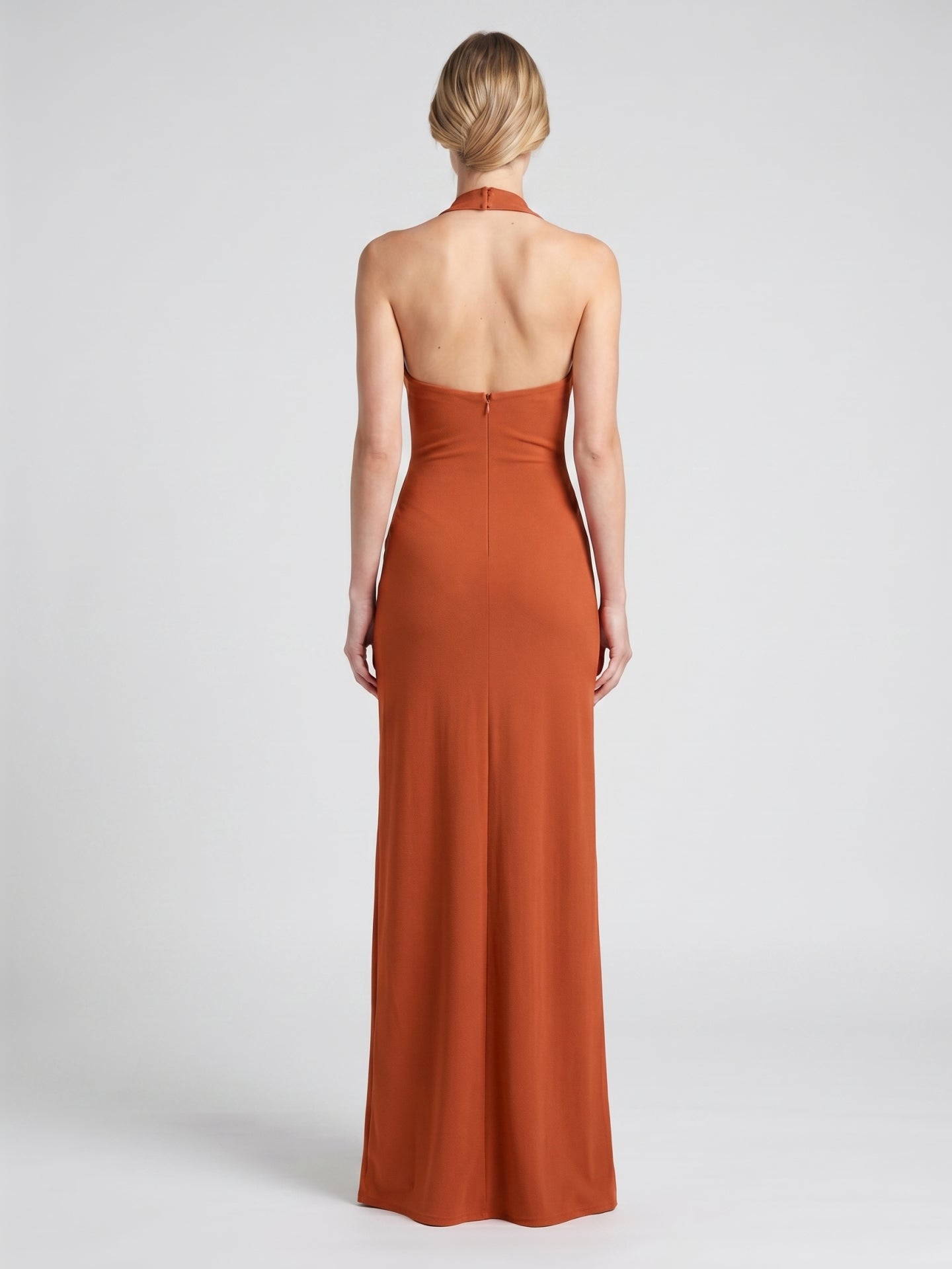 Cinnamon Stretch Knit Column Halter Backless Ankle Bridesmaid Dress with Pleats