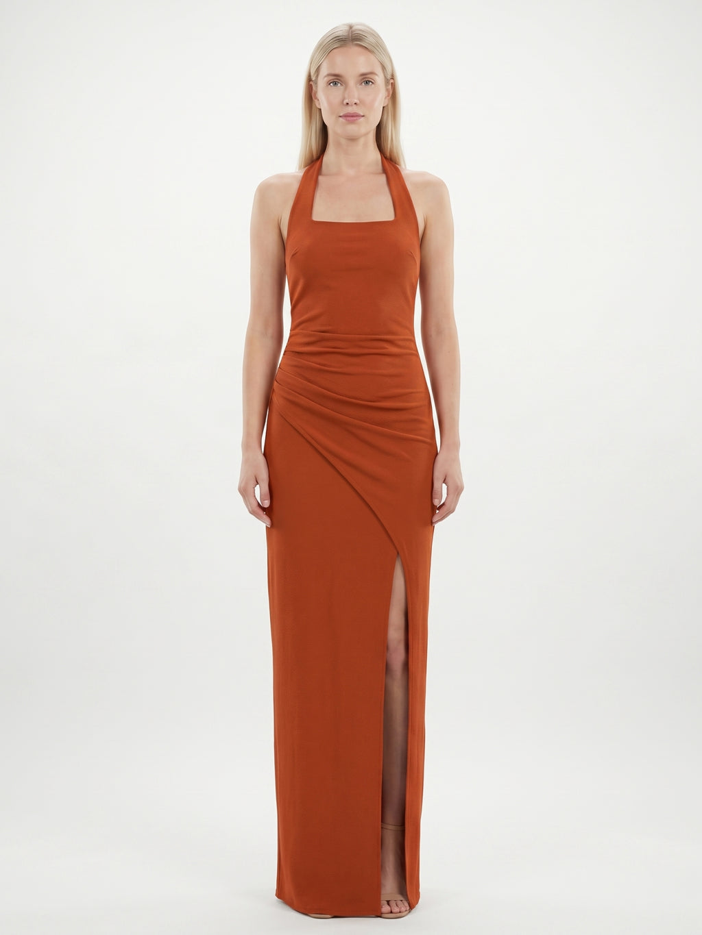 Cinnamon Stretch Knit Column Halter Backless Ankle Bridesmaid Dress with Pleats
